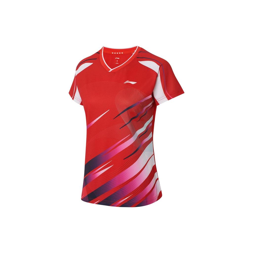 Li Ning Table Tennis Series Geometric Pattern Printed Logo Quick-Dry V-Neck Short Sleeve T-Shirt Women Tops Flame-Red AAYS238-2