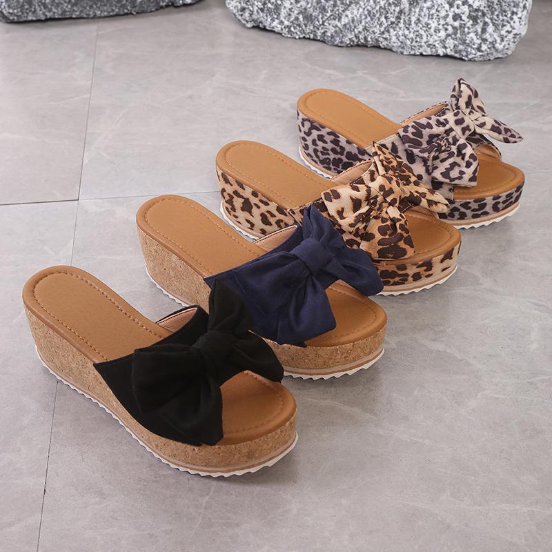 2024 Summer Women's Sandals Platform Retro Sandals Woman Fashion Bow Leopard Beach Slippers Women Plus Size