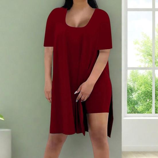 Women Plus Size 2 Piece Outfits Side Split Short Sleeve Tunic Tops And Skinny Biker Shorts Sets Summer Lounge Tracksuit