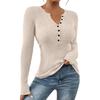 Women's Solid Color Button Knit Pullover V-neck Slim Fit Long Sleeved T-shirt Top