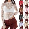 Sheer Long Sleeve Tops For Women Sexy Mesh Shirts Mock Neck Floral Embroidery Lace Blouses