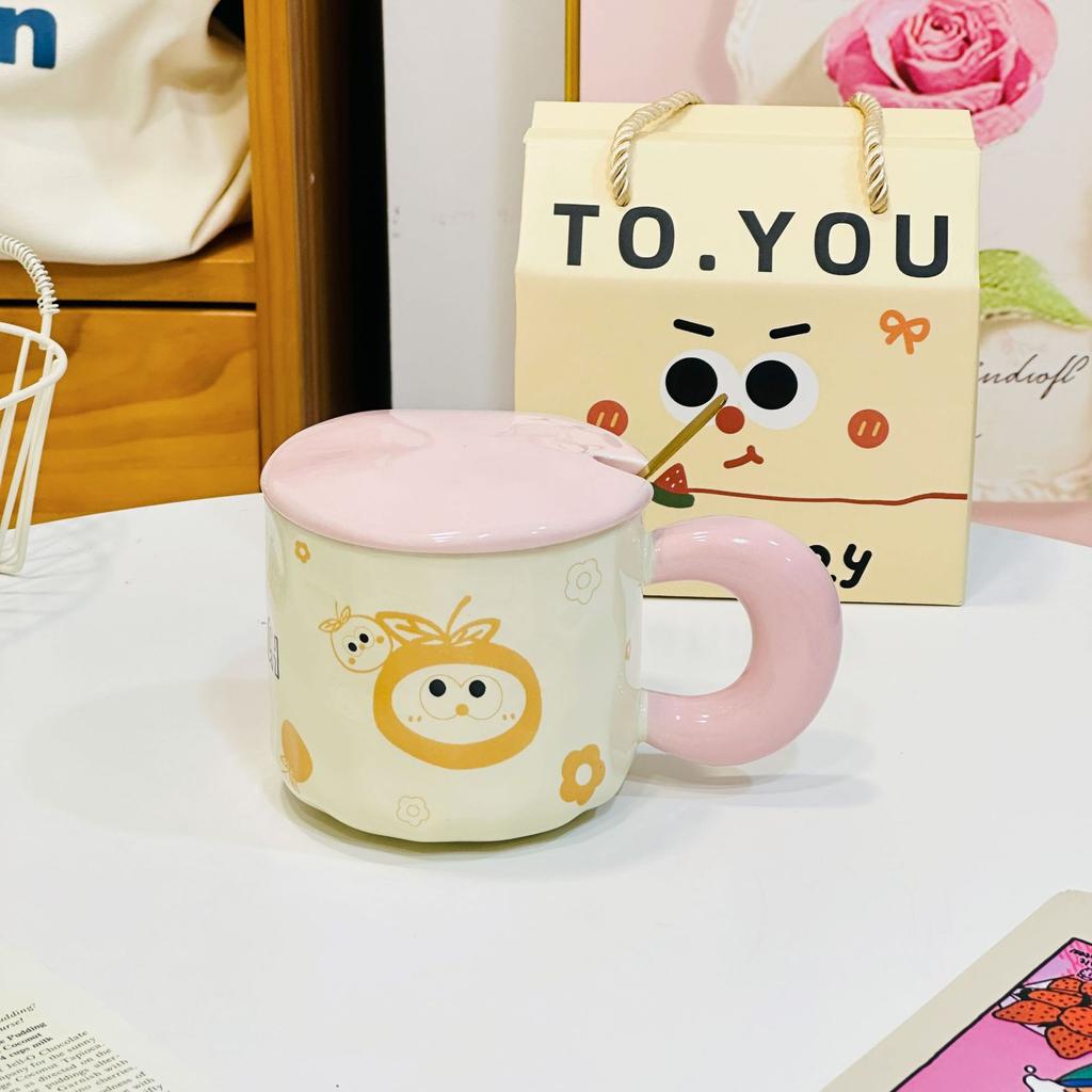 Small Gift Mug Ceramic Small Gift Box Cup Household Water Cup Ceramic Cup Small Orange with Lid Spoon