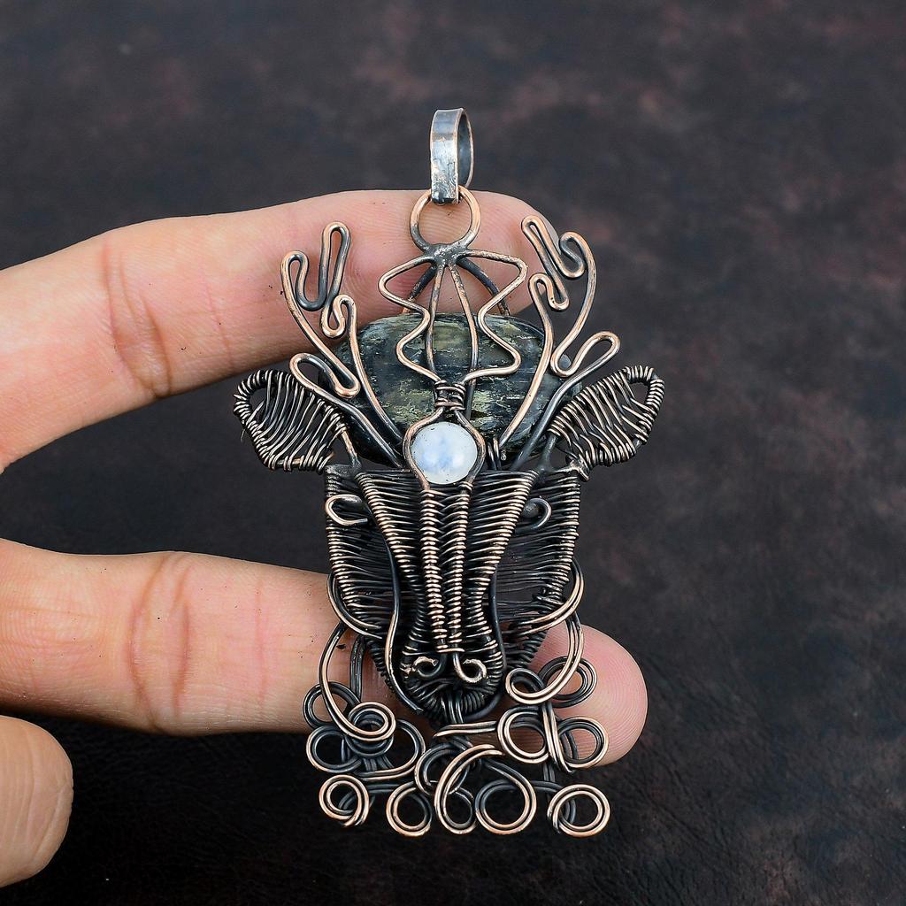 Kyanite Pendant Copper Wire Wrapped Rainbow Moonstone Pendant Gemstone Jewelry Deer Face Pendant Handmade Pendant Very Pretty Copper Jewelry