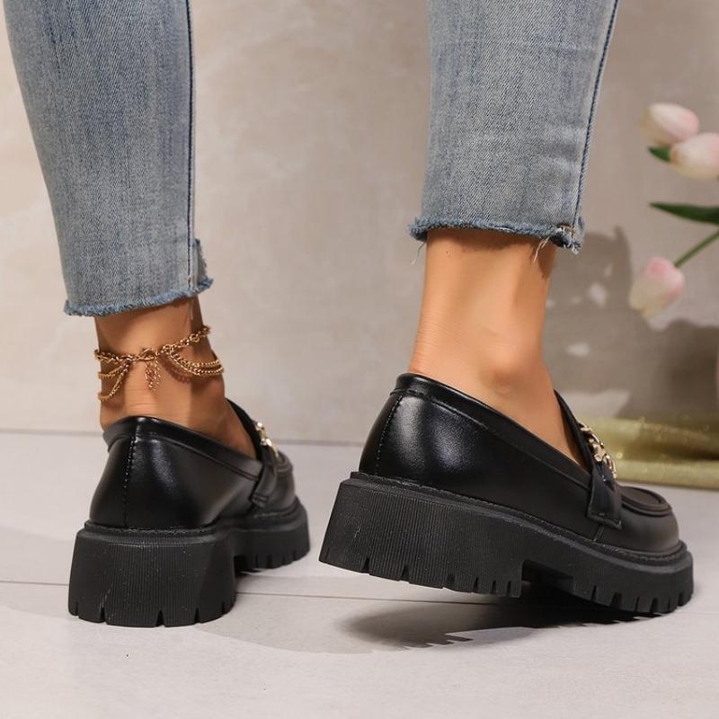 Fashion Loafers Female Shoes Women Fashion Mary Janes Round Toe Flats Oxfords Platform Casual Metal Chain Buckle Ladies Heels