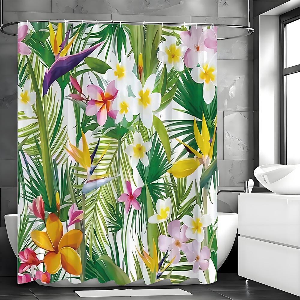 Tropical Plant Flower Shower Curtain, Bathroom Decorative Shower Curtain, Waterproof Shower Curtain with Hooks