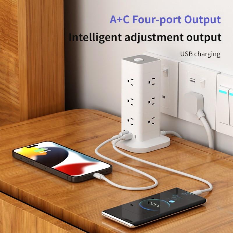 Household USB Charging Vertical Socket Multi Port Main Control Switch Type-C Tower Office Overload Power Strip