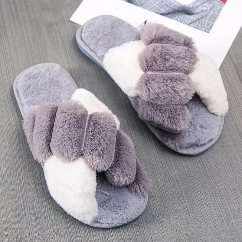 2024 Women Winter House Furry Slippers Fluffy Faux Fur Cross Design Home Slides Ladies Soft Warm Plush Slipper Female Flip Flops