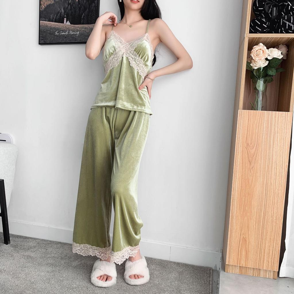 New Autumn Velvet 3PCS Pajamas Set Sleepwear Sexy Lace Trim Bath Robe Nightgown Loose Casual Velour Home Clothes Loungewear