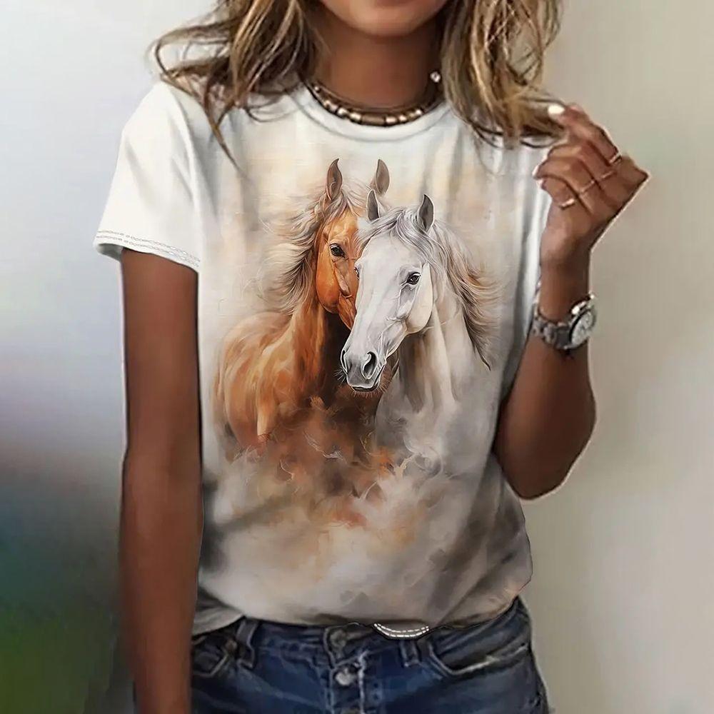 Summer Horse 3d Print T-shirts Women Streetwear Casual Fashion Oversized Short Sleeve Y2k O-neck Kids Tees Tops Clothing