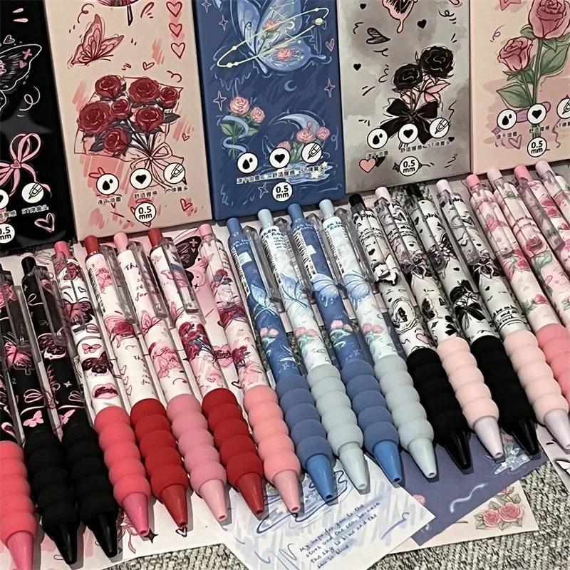 4pcs/set Retro Gel Pen Creative Design Butterfly Floral Stationery Gel Pen 0.5mm Black Ink Pen for Writing Student Supplies
