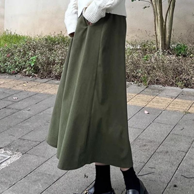 Autumn Winter Women's Plus Size Retro Corduroy Midi Skirt Loose Slim-Fitting A-Line Umbrella Skirt