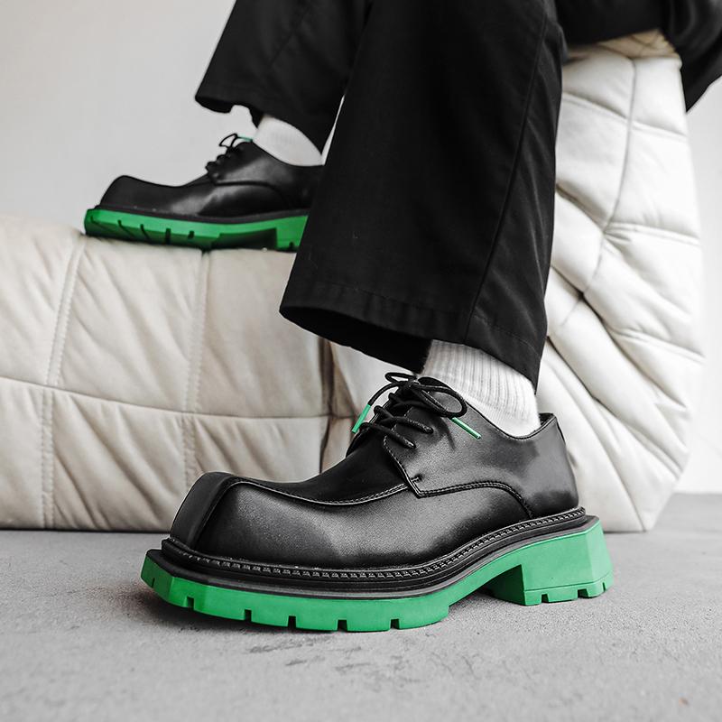 Fashion2024 Men's Japan Karajuku Korean Style Fashion Streetwear Thick Platform Casual Green Leather Shoes Lace Up Dress Leather Shoes