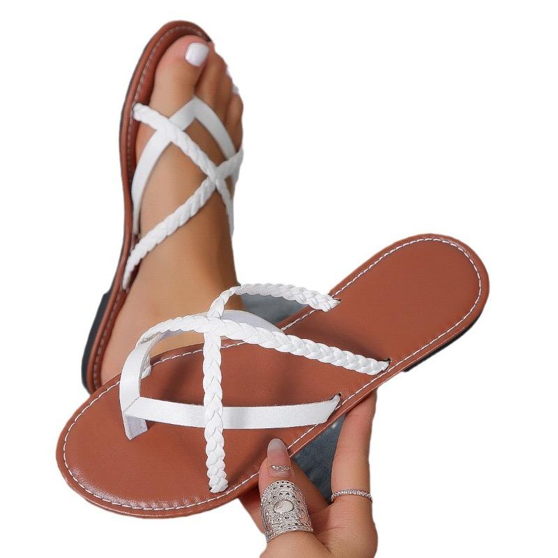 Large Size Flat Bottom Clip Toe Flip Flops Women Solid Color Woven Clip Toe Outer Wear Beach Sandal Flops