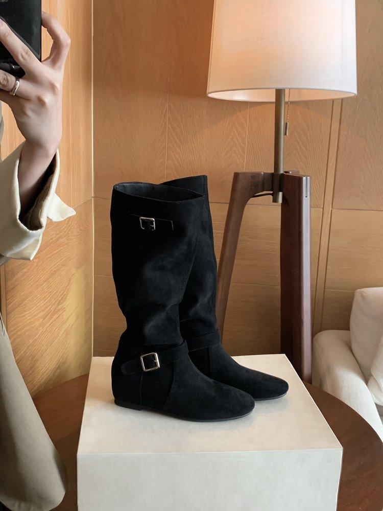 Soft Leather Version~ Soft Leather Inner Height Increase 4cm Pile Medium Boots Women's Autumn and Winter New Maillard Boots High Boots