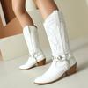 Plus Size 35-48 Retro Punk Embroidered Sewing Western Boots Women Pointy Toe Belt Buckle Metal Chain Chunky Heels Mid-calf Boots