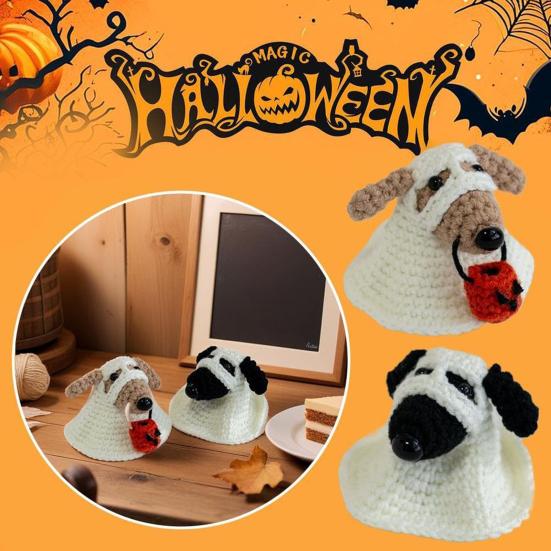 1/2Pcs Halloween Crochet Ghost Dog Doll Mini Handmade Knitting Pumpkin Ghost Puppy Doll Home Office Desktop Animal Decoration Ornament
