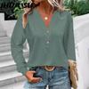 Spring Summer Women's Fashion Casual Solid Color Button V-neck Long Sleeve