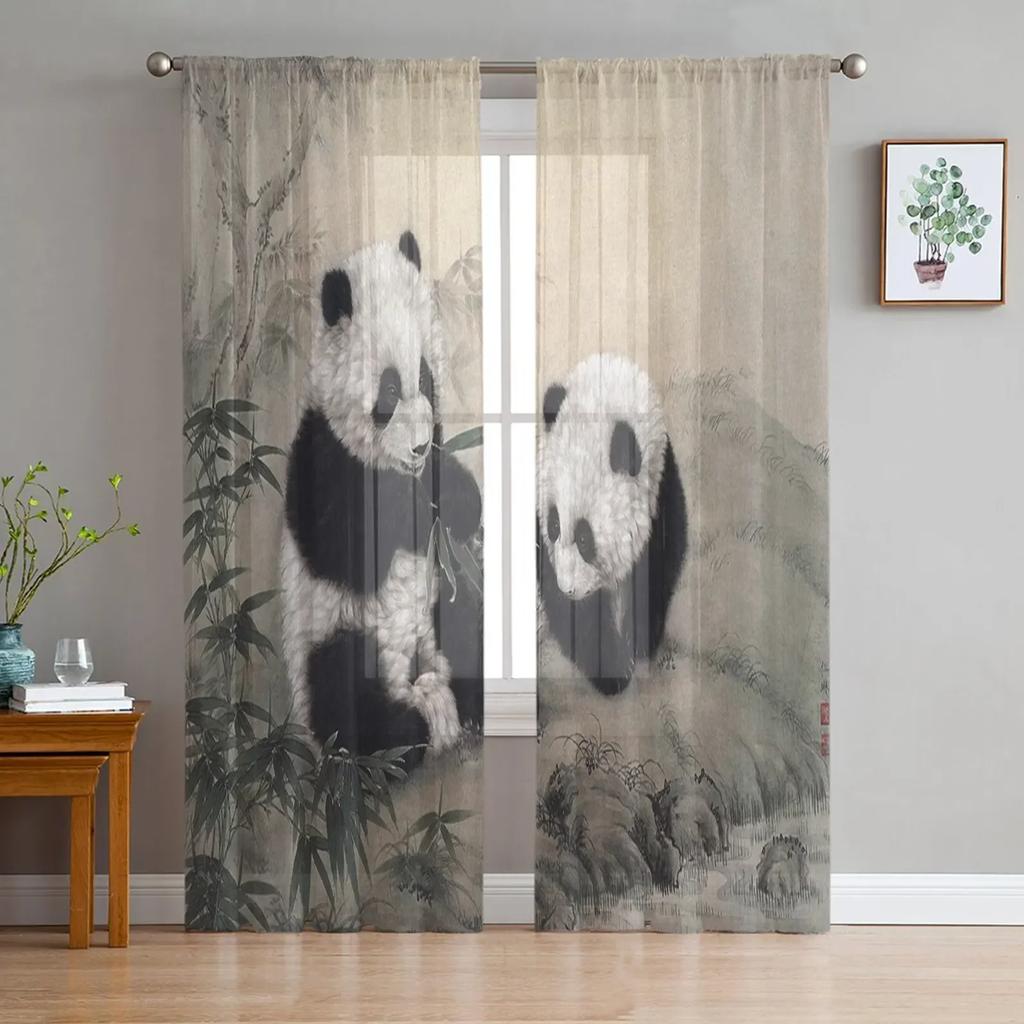 Bamboo Carp Chinese Ink Painting Tulle Curtains For Living Room Bedroom Kitchen Decoration Chiffon Sheer Voile Window Curtains