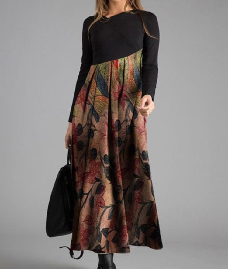 Women's Long Sleeve Black Top with Printed Maxi Skirt Dress, Bohemian Floral Geometric Pattern, Multiple Color Options