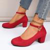 2024 High Quality Women's Shoes New Round Toe Solid Color Suede Shallow Mouth Thick Heel One-line Buckle Women's High Heels