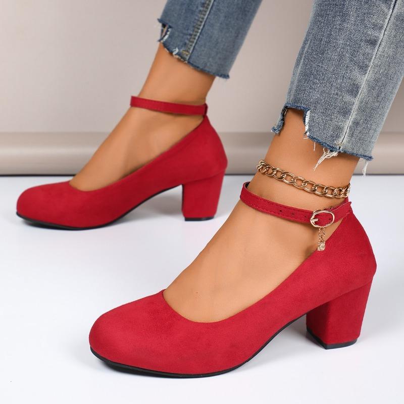 2024 High Quality Women's Shoes New Round Toe Solid Color Suede Shallow Mouth Thick Heel One-line Buckle Women's High Heels
