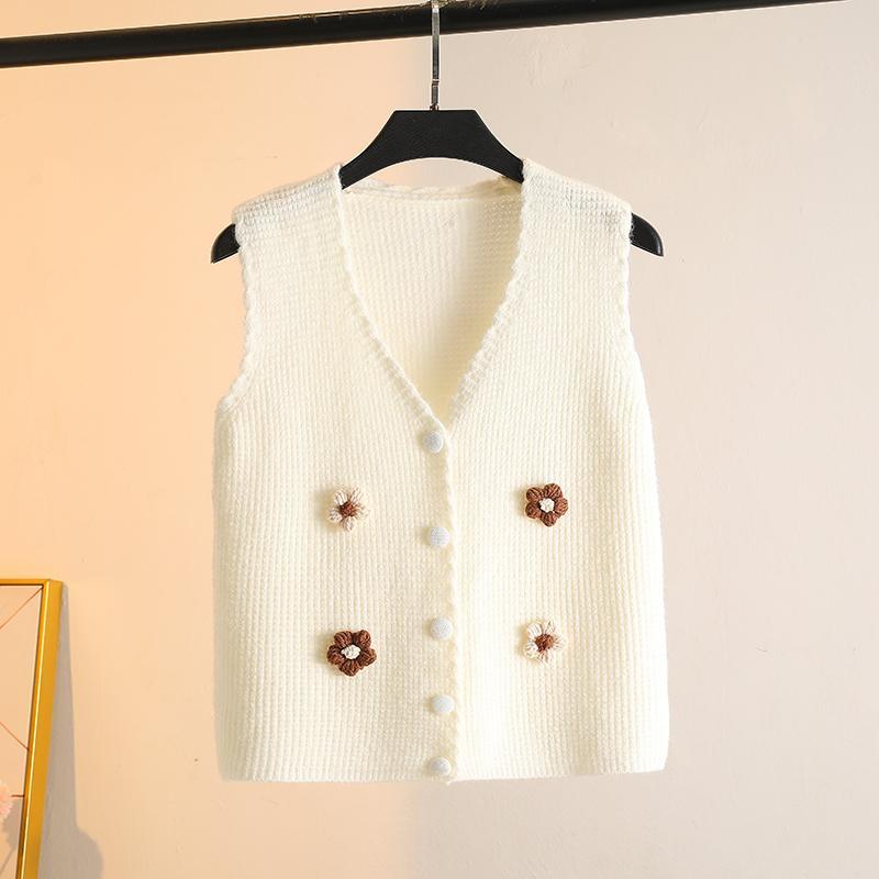Handmade Flower-appliquéd Knitted Waistcoat Coat Fashion V-neck Vest Short Cardigan Gilet for Spring and Autumn