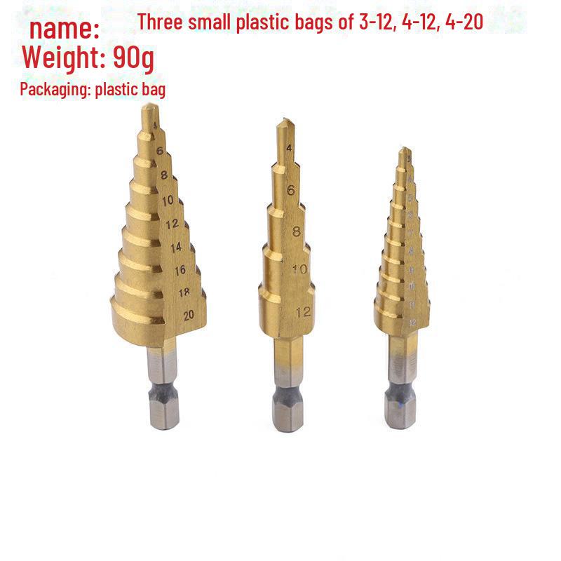 High-speed Steel Titanium-plated Step Drill Set for Hole Enlargement, with Hexagonal Shank and Pagoda Design.