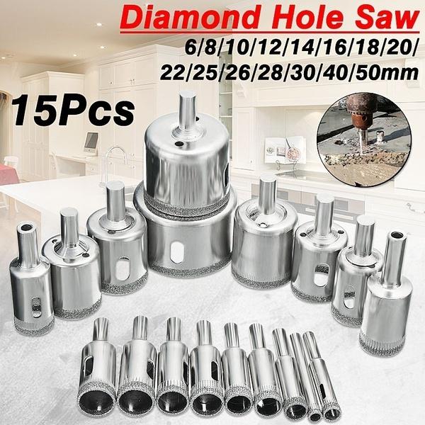 15pcs Diamond Coated Drill Bit Set Tile Marble Glass Ceramic Hole Saw Drilling Bits for Power Tools 6mm-50mm