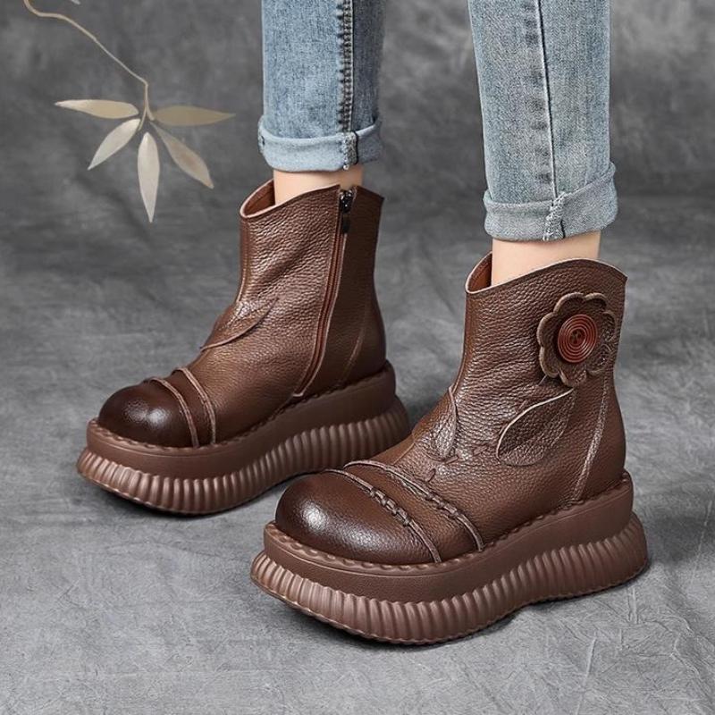 Fashion 2025 New Handmade Mid-calf Boots Platform Women Genuine Leather Short Boots Height Increasing Thick Sole Floral Ladies Shoes