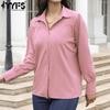 Women's Fashion Casual Spring Fall Solid Color Print Long Sleeve POLO-Neck Blouses & Shirts