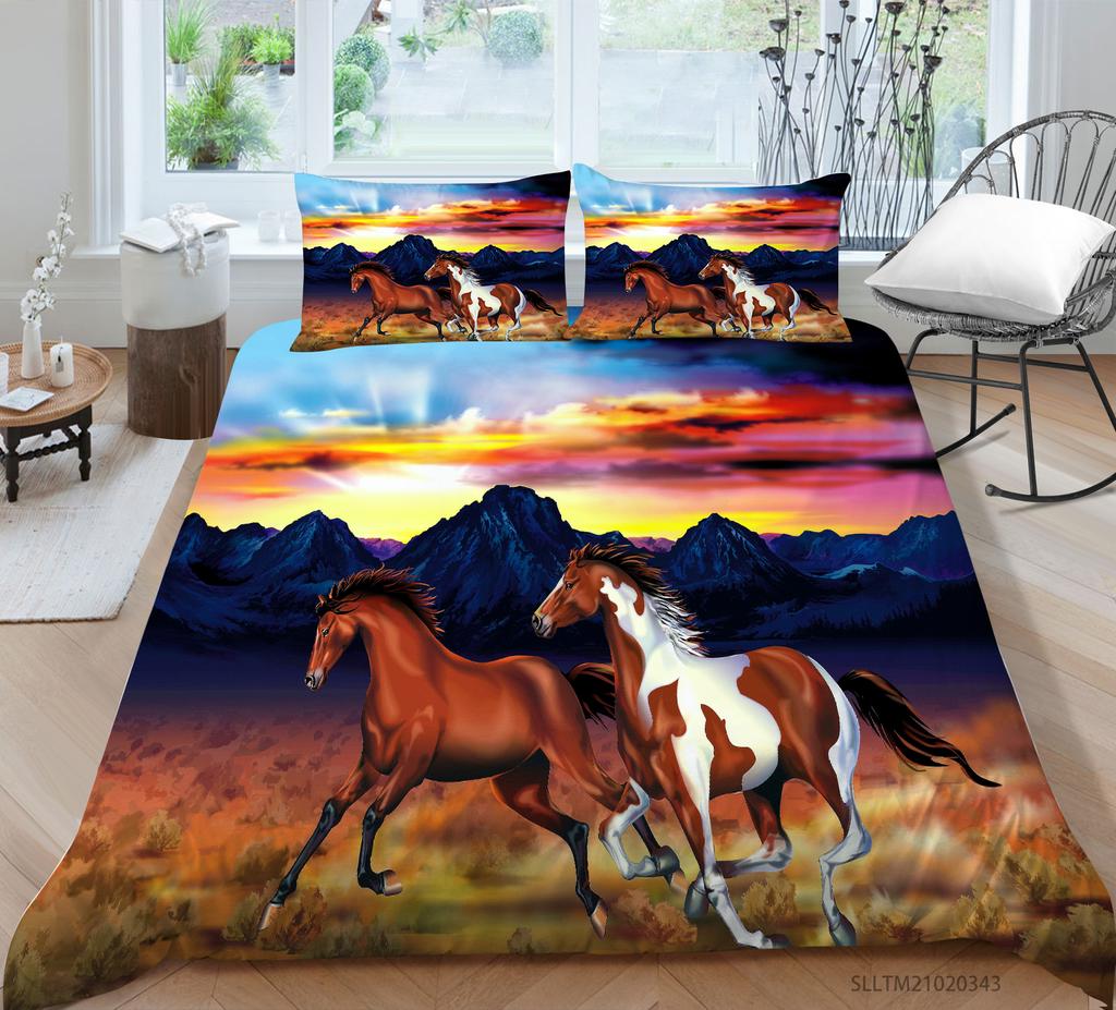 3D Horse Pattern Bedding Single Double Bed Full Size Animal Print Pillowcase and Quilt Cover Microfiber Washable Home Decoration