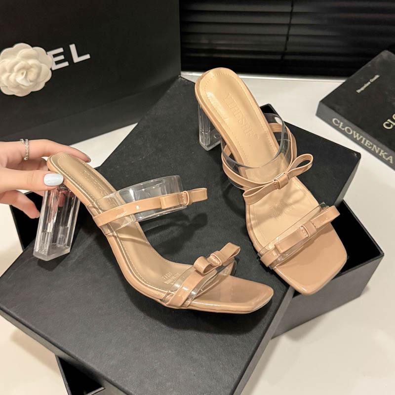 High Heels Women's Summer New Square Head Bow Word Crystal Heel Sandals Thick Heel Slippers Women