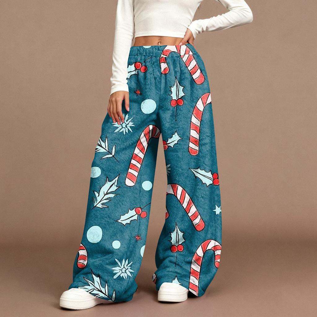 Women's Casual Fashion Christmas Print Elastic Waist Loose Plush Wide Leg Pants