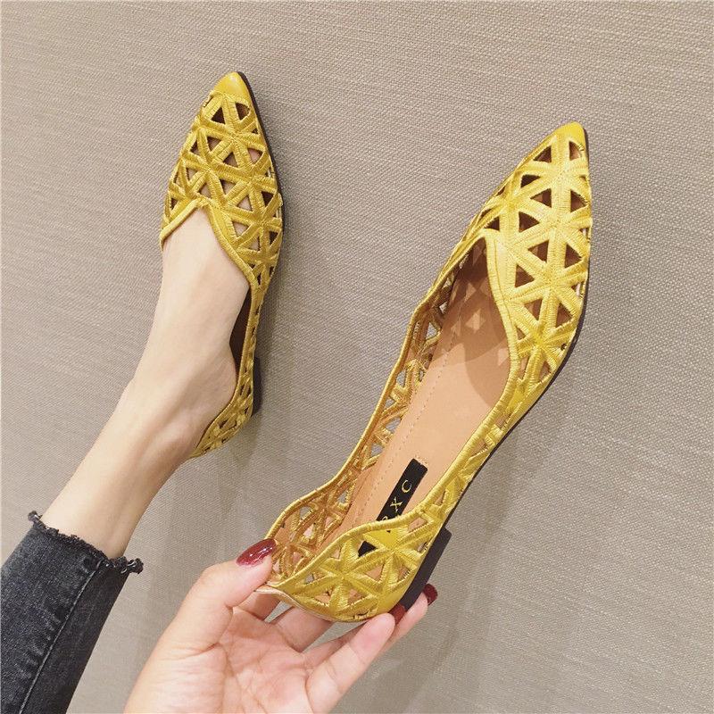 Women's Pointed Toe Breathable Flat Shoes Summer Cutout Faux Leather Shoes Women's Breathable Hollow Ballet Flats Flower Loafers