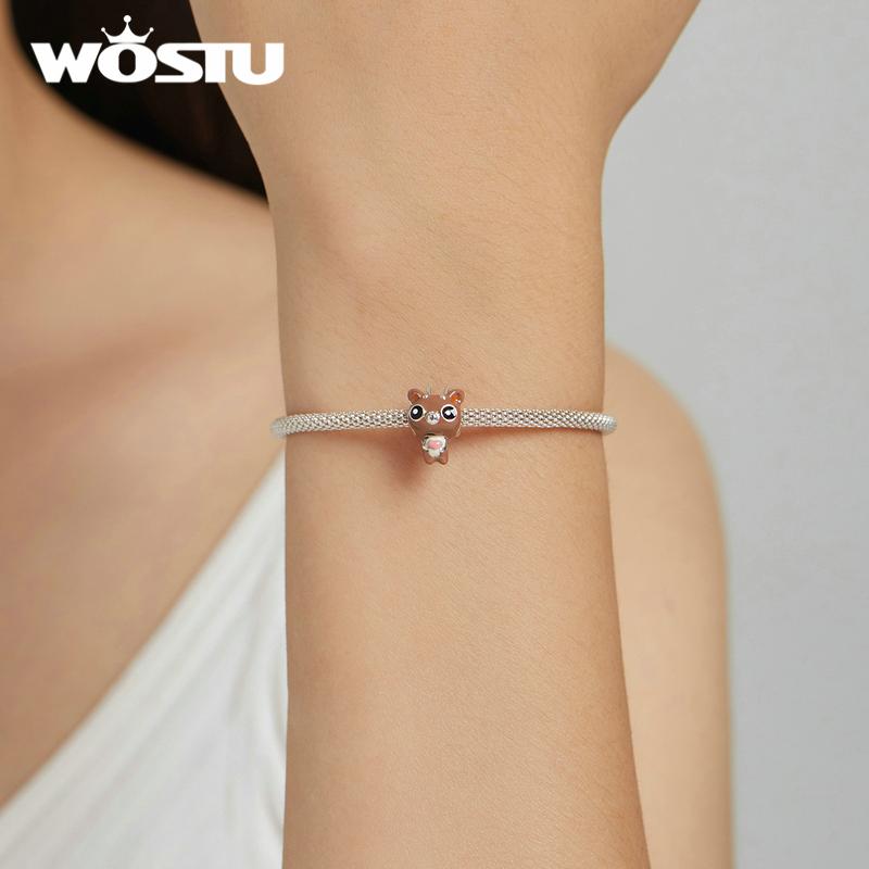 WOSTU Enamel Cartoon Cute Deer 925 Sterling Silver Charm Beads Fit Bracelet Bangle Fine Jewelry
