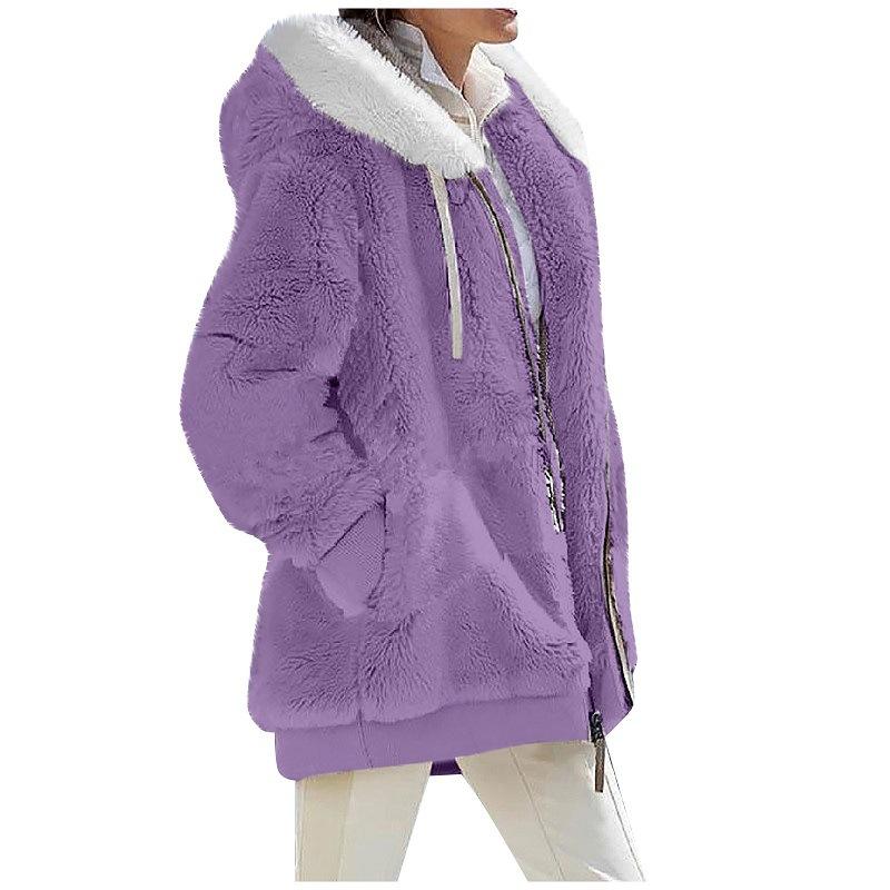 2024 Autumn/Winter Loose Plush Long Sleeve Zip Pocket Hooded Warm Coat for Women