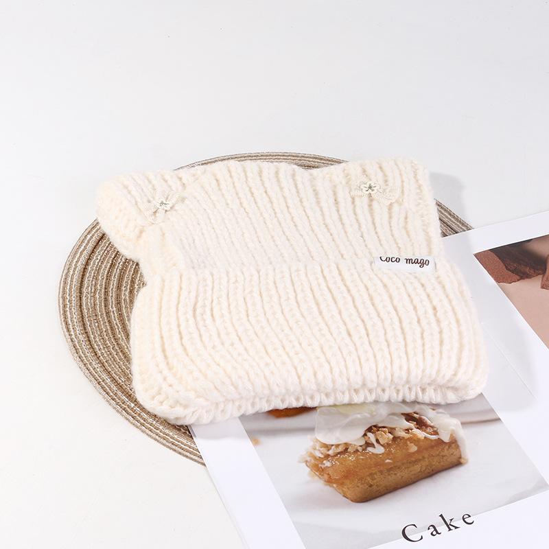 Korean Bow Hat Women's Cute Cat Ear Knitted Hat Outdoor Warm Versatile Wool Hat Student Pullover Cold Hat