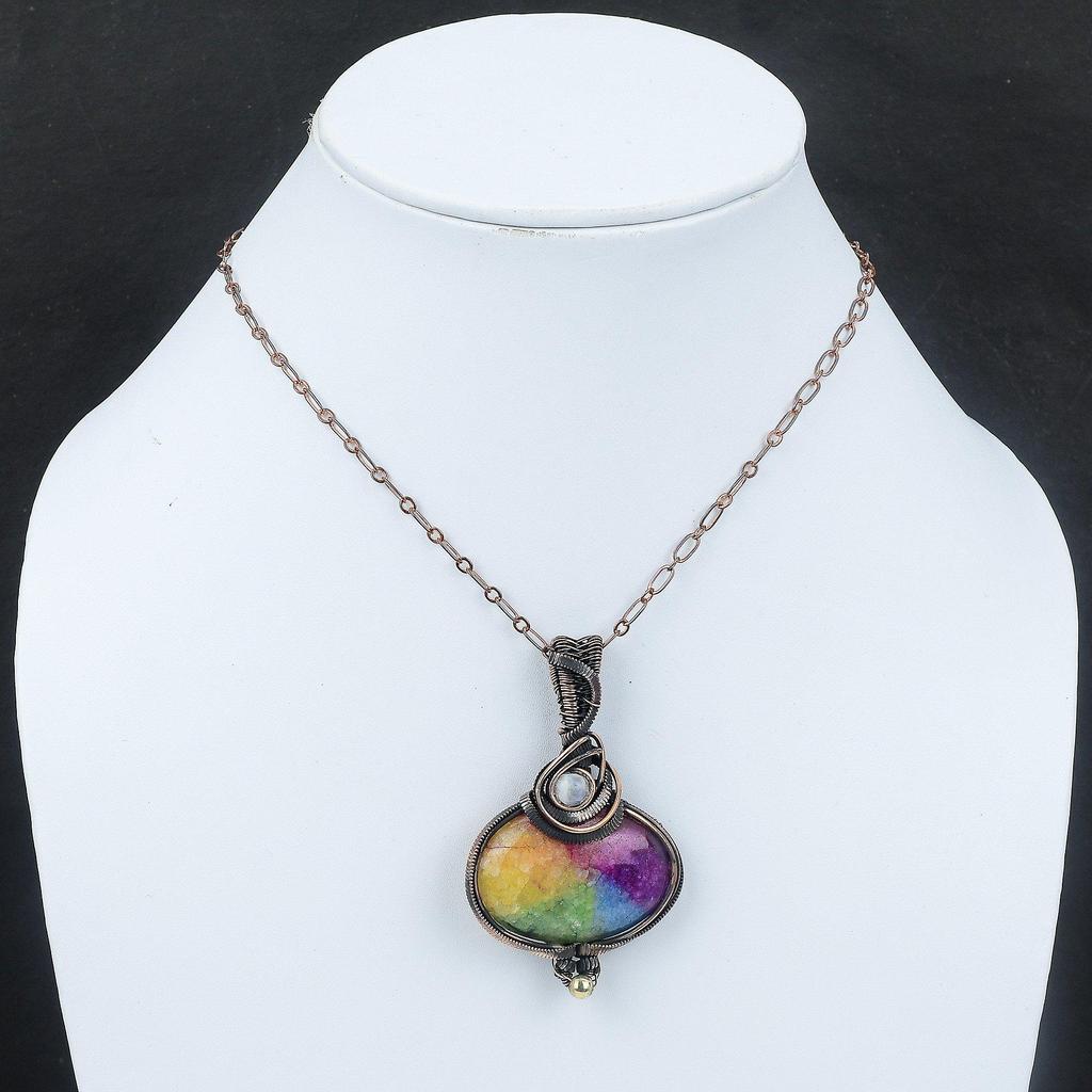 Rainbow Solar Quartz Druzy Copper Wire Wrapped Pendant Rainbow Moonstone Pendant Copper Jewelry Gemstone Pendant For Women Handmade Jewelry