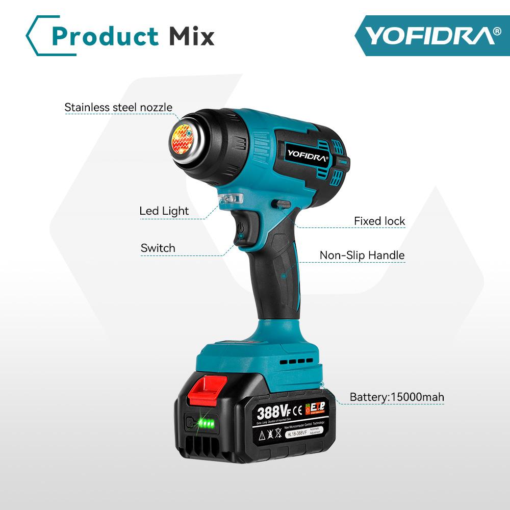 Yofidra 18V Electric Heat Gun Hot Air Gun Cordless Rechargeable Handheld Shrink Wrapping Power Tool with 3 Nozzles For Makita 18V Battery