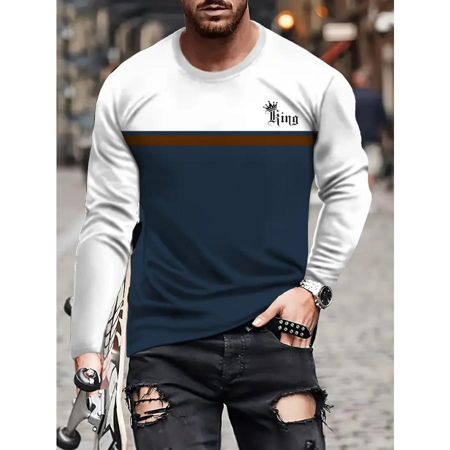 All-Season Men's Crew Neck T-Shirt - Stylish Color Block, Long Sleeves, Durable & Easy-Care Fabric