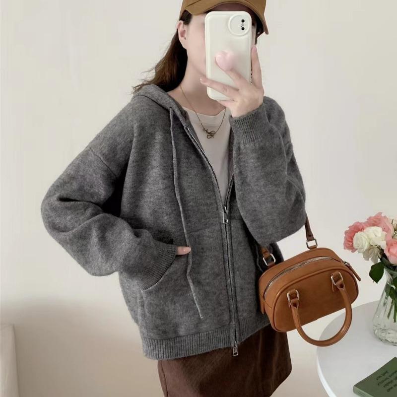 Autumn and Winter New Fashion Simple Double Zipper Hooded Knitted Cardigan Women's Solid Color Casual Loose Sweater Jacket