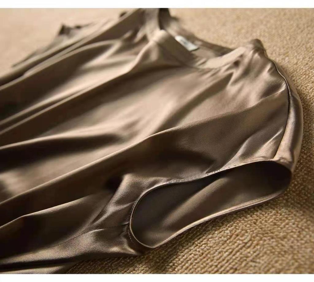 Women's Faux Satin Round Neck Top - Short Sleeve, Solid Color, Versatile, Drop Shoulder, Summer Style