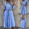 Single-Breasted High Waist Denim Dress Shrink-resistant Lapel Belt Long Sleeve Women Midi Dress Streetwear