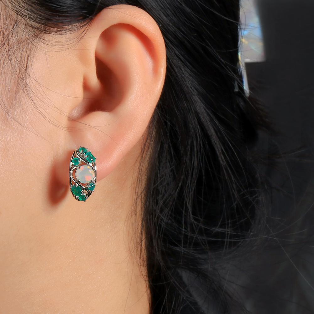 Luxury Design Natural Color Rich Opal & Green Agate Gemstone Ring Earrings Set Light Luxury Beautiful Jewelry for Women