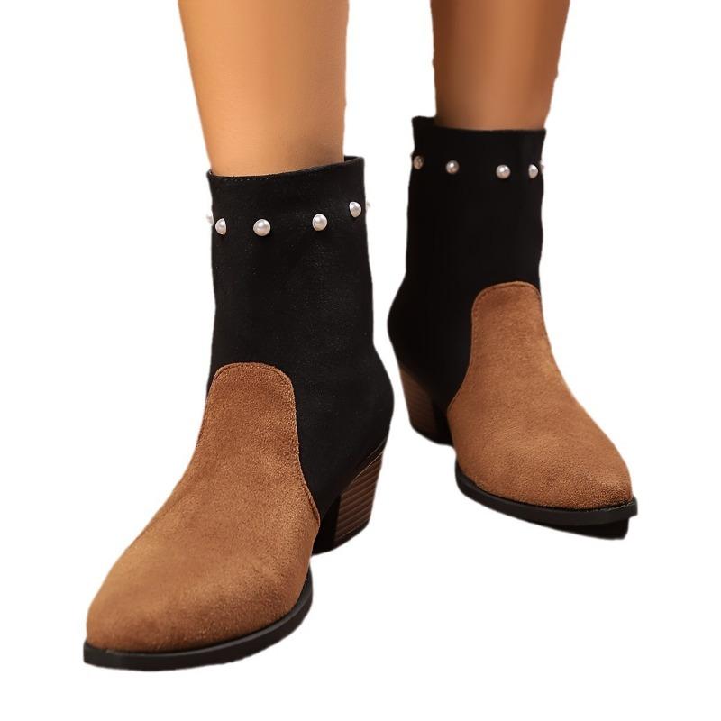 Autumn Rivet One-pedal Short Boots Women's Large Size Thick Heel Pointed Head Low Heel Fashion Boots Wish