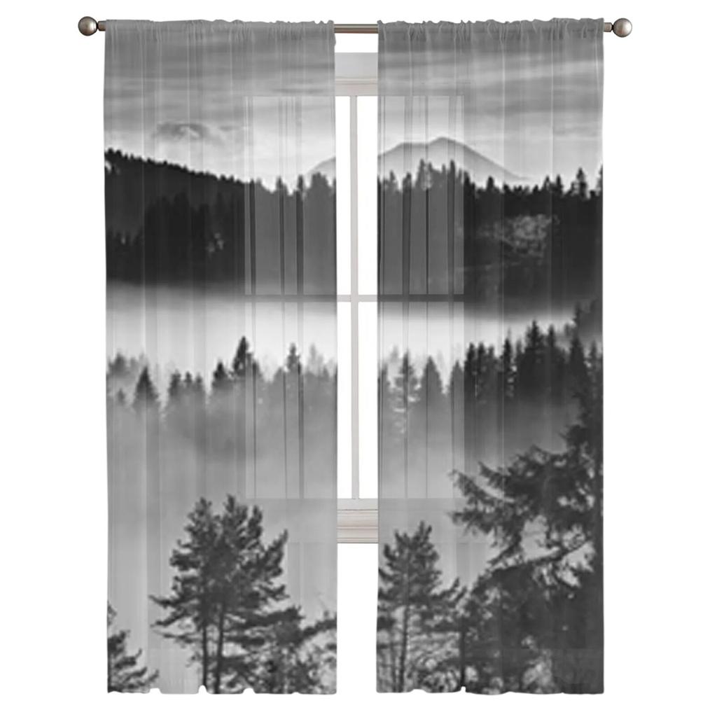 Black And White Fog In Mountains Sheer Curtains Bedroom Voile Curtain Living Room Window Sheer Curtains Kitchen Tulle Drapes