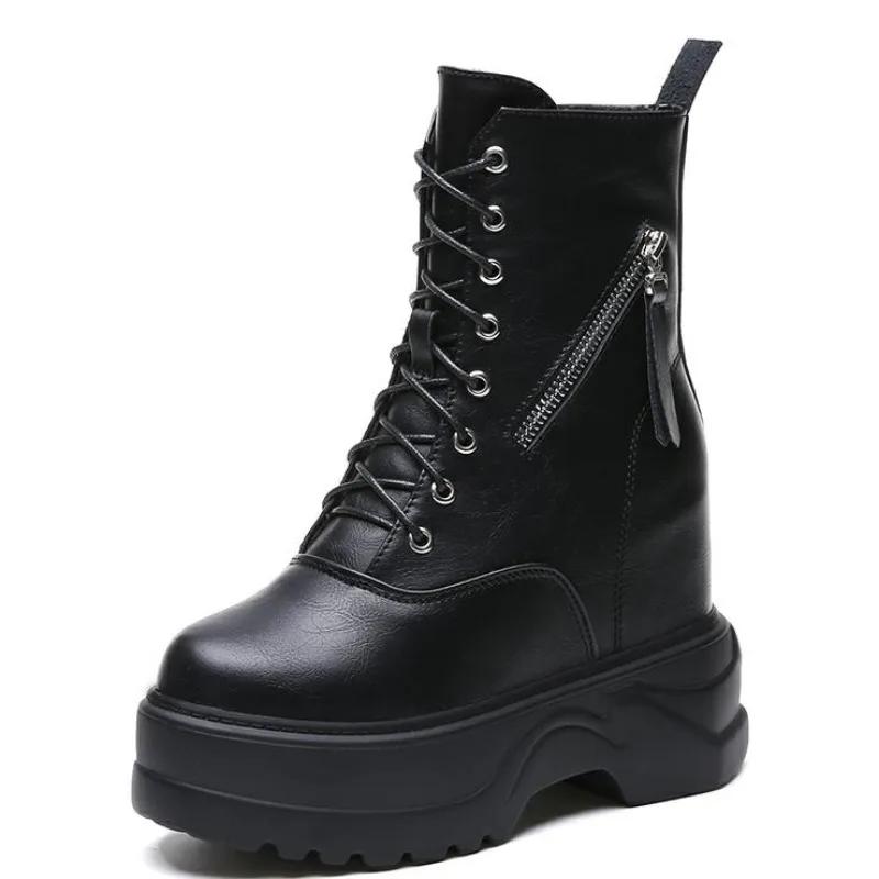 Fashion 11CM New Women Autumn Ankle Boots Increase Platform Zipper Sneakers Woman Leather Boots High Heels Winter Motorcycle Boots