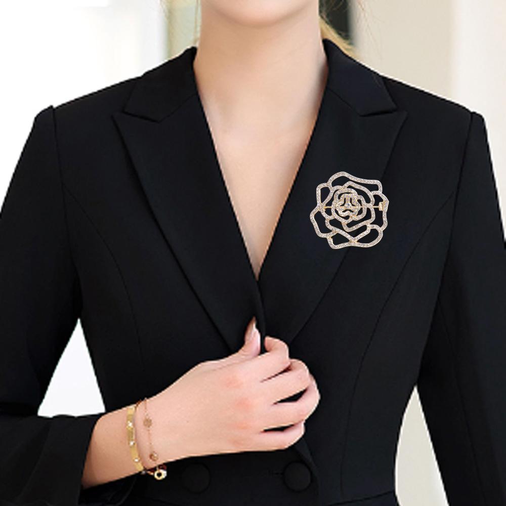 Korean Style Suit Collar Pin Full Rhinestone Rhinestone Brooch Hollow Camellia Brooch Decoration