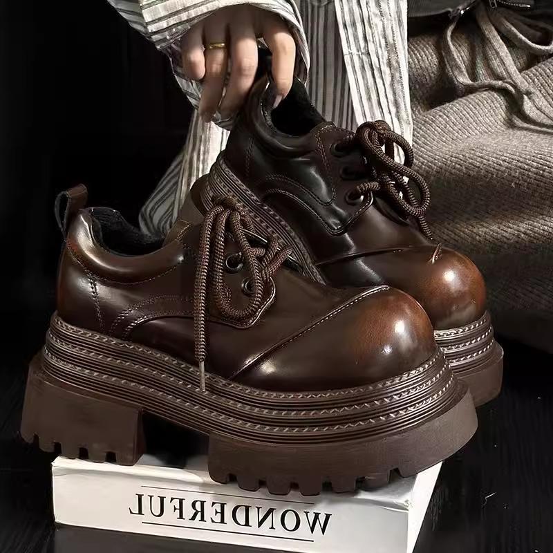 Women Retro Loafers Spring Increase Thick Sole Shoes Lace Up Outdoor Work Platform Shoes