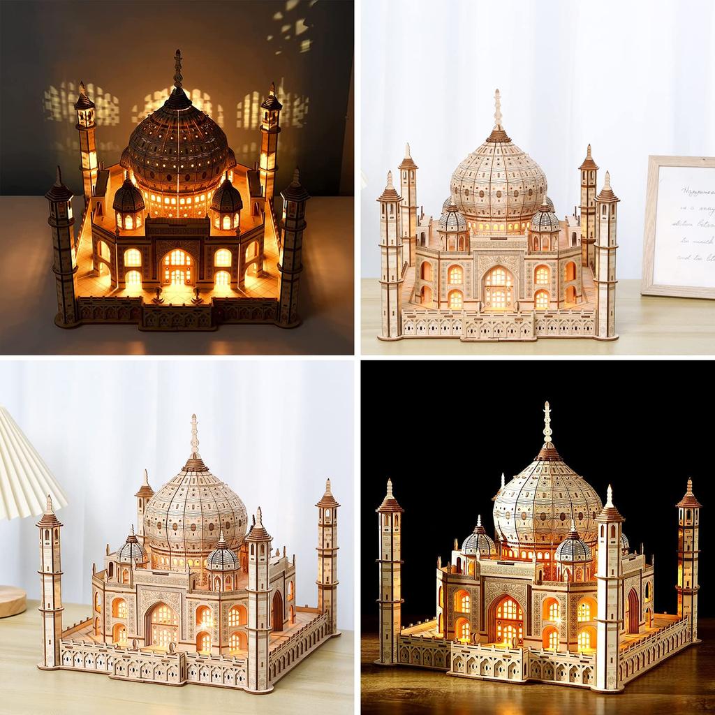 Hallisun 3D Wooden Puzzle Taj Mahal Wooden Model with LED Light India Building Building 3D Puzzle Craft Handicraft DIY Mechanical Assembly Kit for